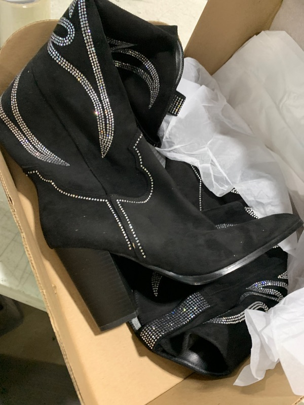 Photo 1 of Celbreez Black Cowboy Boots for Women Suede Knee High Western Boots Rhinestone Embroidered Cowgirl Boots Wide Calf Pointed Toe Side Zip Long Boots Chunky Heel Tall Boots 9.5