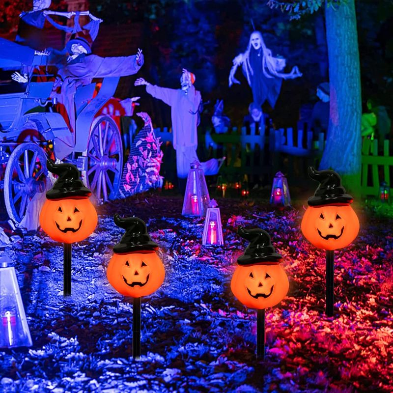 Photo 1 of Halloween Pumpkin Pathway String Lights 4 Jack-o-Lantern Stakes Lights with C7 Bulbs, 7Ft Extendable Wizard Hat Pumpkin Markers Lights for Outdoor Halloween Lawn Pathway Walkway Driveway Lighting