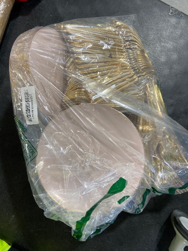 Photo 1 of Rubtlamp 200Pcs Plastic Pink Dessert Plates with Disposable Gold Forks,Heavy Duty Pink Disposable Salad Platos,Gold Small Platos,Fancy Appetizer Plates for Mother's Day