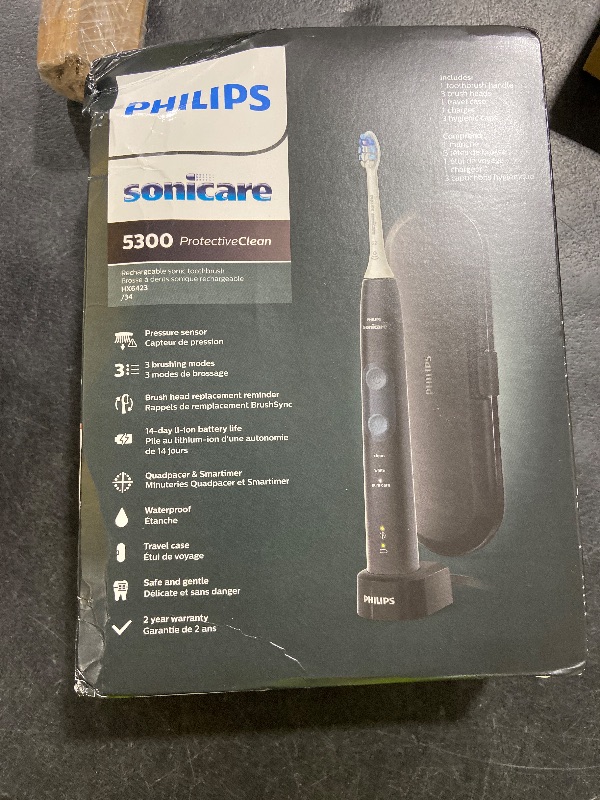 Photo 1 of Philips Sonicare ProtectiveClean 5300 Rechargeable Electric Toothbrush, with Pressure Sensor, 3 Cleaning Modes, SmarTimer and QuadPacer, with 2 Bonus Brush Heads, Travel Case, Black, Model HX6423/34
