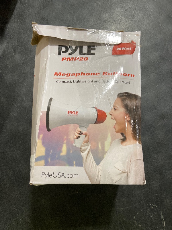 Photo 1 of Pyle 20W Megaphone Bullhorn - 5.4'' x 8.6'' Portable Megaphone, Projection Range Up to 800 Sq. Yards, Voice Talking & Siren Alert, Shoulder Strap, Battery Operated, (White)