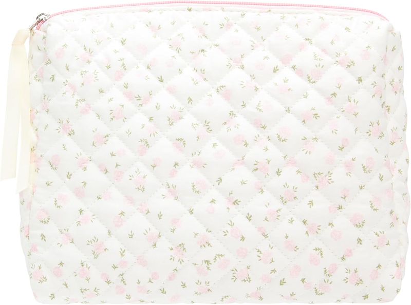 Photo 1 of Quilted Makeup Bag Large Travel Zipper Soft Cosmetic Pouch for Women Girls Make Up,Little Flower blue
