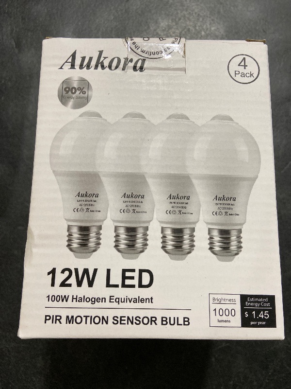 Photo 1 of Aukora Motion Sensor Light Bulbs 4-Pack, 12W (100-Watt Equivalent) E26 Motion Activated Dusk to Dawn Security Light Bulb Outdoor/Indoor for Front Door Porch Garage Basement Hallway Closet(Cold White)
