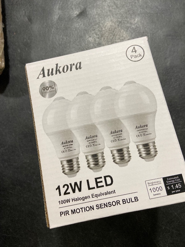 Photo 1 of Aukora Motion Sensor Light Bulbs 4-Pack, 12W (100-Watt Equivalent) E26 Motion Activated Dusk to Dawn Security Light Bulb Outdoor/Indoor for Front Door Porch Garage Basement Hallway Closet(Cold White)