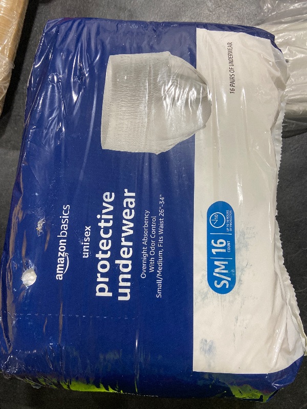 Photo 1 of Amazon Basics Unisex Protective Underwear, Overnight Absorbency, Small/Medium, 16 Count, (1 Pack of 16)