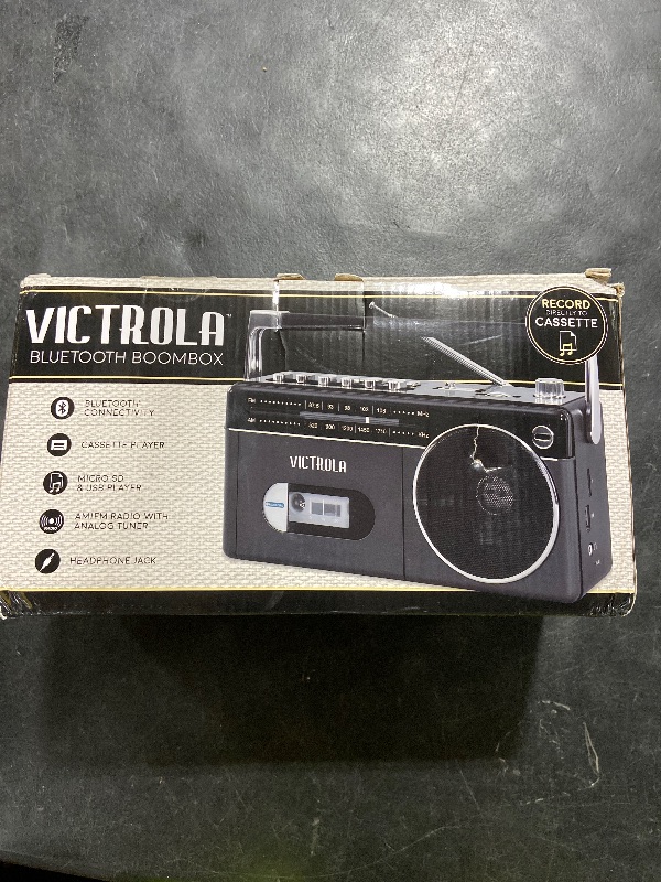 Photo 1 of Victrola Mini Bluetooth Boombox with Cassette Player, Recorder and Am/FM Radio, Grey