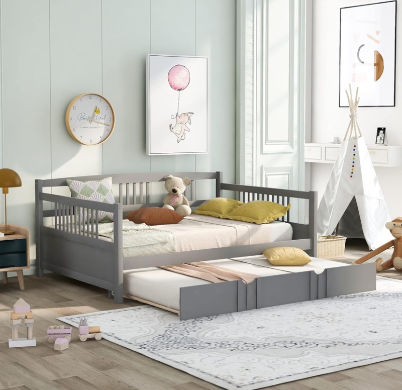 Photo 1 of Merax Full Size Daybed Wood Bedframe with Twin Size Trundle and Guardrail for Girs and Boys Bedroom