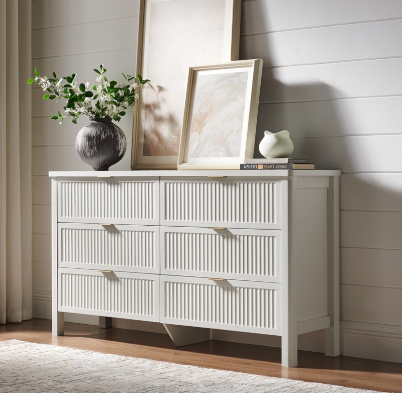 Photo 1 of Fluted 6 Drawers Dresser for Bedroom, 55 Inch Wide Modern Wood Chest of Drawers, Mid Century Chests Drawer Clothing Organizer for Hallway (White)