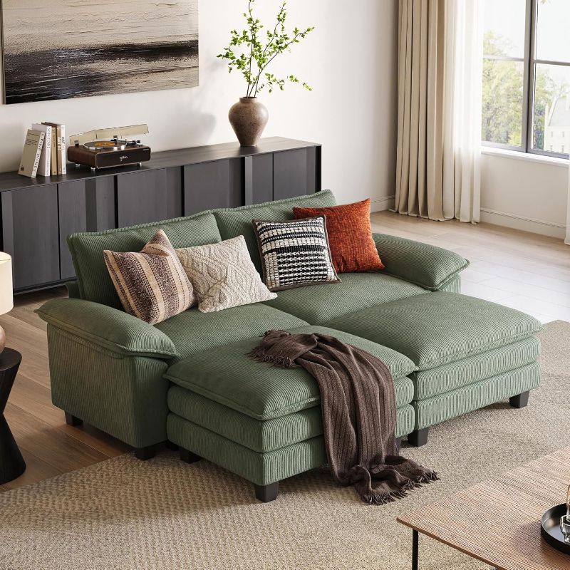 Photo 1 of LINSY HOME Modular Sectional Sofa - Oversized Corduroy Cloud Couch with Movable Ottoman Soft Modern Comfy Sofa Set for Living Room Apartment Office (Green)