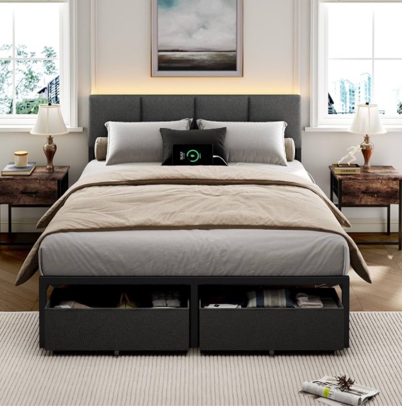 Photo 1 of Furnulem Queen Bed Frame with Storage, Upholstered Bed Frame full Size with LED Light,USB Charging Station,Platform Bedframe with 2 Fabric Underbed Storage Drawers,No Spring Box Needed,Noise Free