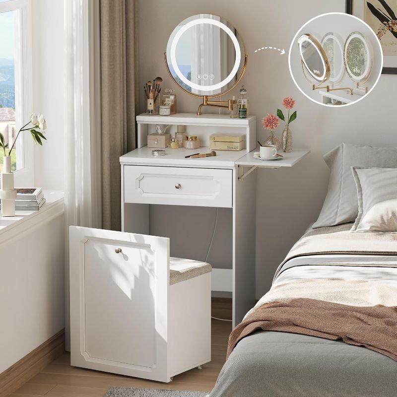 Photo 1 of 3 in 1 Small Vanity, Makeup Vanity Desk with Rotatable Mirror and Lights, White Make Up Vanity Table with 3 Adjustable Lighted and Chair for Compact Space, Corner Mini Makeup Table with Fold-up Panel