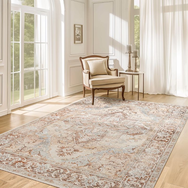 Photo 1 of jinchan Area Rug 5x7 Washable Vintage Brick Red Thin Rug Floral Print Floor Cover Retro Accent Indoor Mat Non Slip Carpet for Kitchen Living Room Bedroom Dining Room Laundry