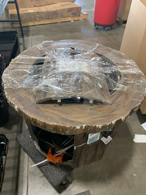Photo 1 of Alpine Corporation GXT962 Rustic Wood Look Fire Pit 50K BTU Gas with Adjustable Flame, Natural Décor for Lawn & Patio, 24" H,
