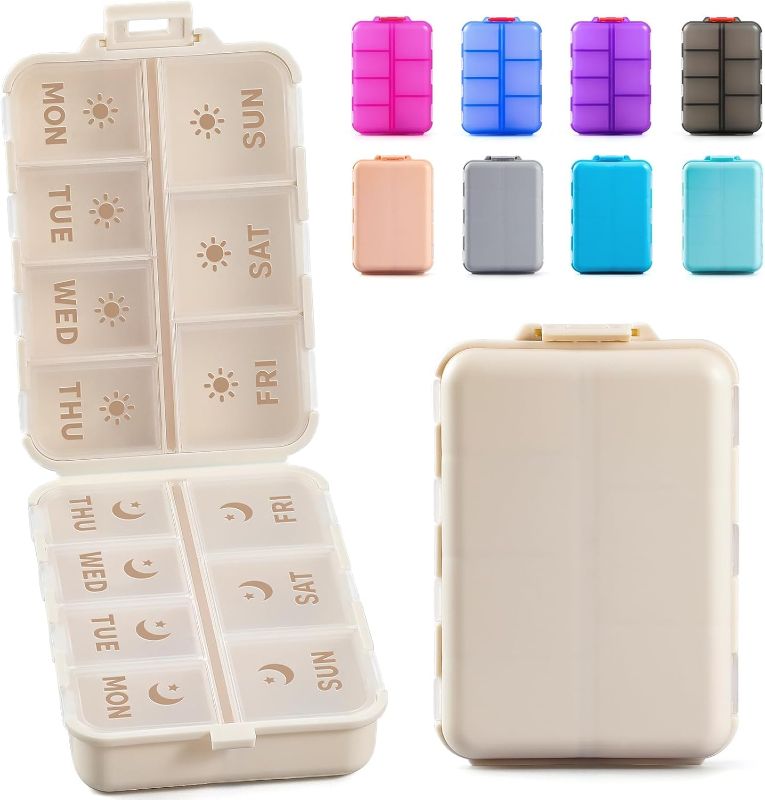 Photo 1 of NEW Foldable & Double Protection Portable Weekly Pill Organizer 2 Times A Day with Etched Labels, AM PM 7 Day Week Medicine Box, Daily Travel Pill Case Holder Dispenser for Vitamin, Supplement - Khaki