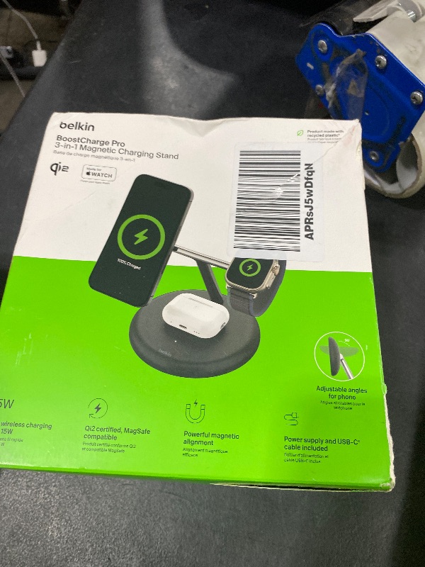 Photo 1 of Belkin MagSafe-Compatible 3-in-1 Wireless Charger Stand 15W - Qi2-Certified Wireless Charging Station, Fast Charging of iPhone 16, AirPods, & Apple Watch - 36W Included - Black