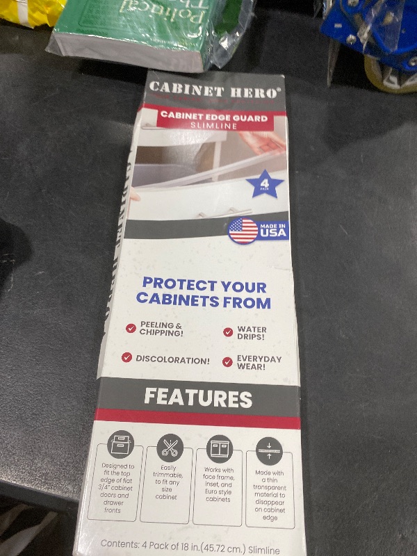 Photo 1 of Cabinet Hero Slimline Cabinet Edge Protector - Prevents Chipping, Wear, Discoloration - Drawer Edge Guard, Bumper for Drawer - Easy Slip-On Installation - 3/4" Thick, 18" Length, Clear, Pack of 4
