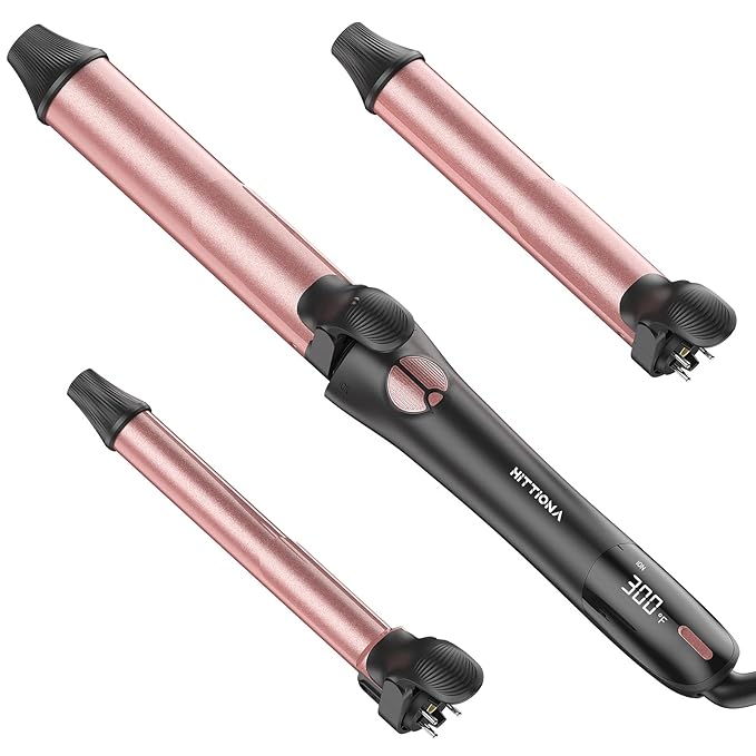 Photo 1 of Rotating Curling Iron - 3 in1 Automatic Curling Iron with Interchangeable CurlingWand, 3/4, 1 1/4, 1 Inch CurlingIron for Lasting Beach Waves, Adjustable Temp, Instant Heat, Dual Voltage (Pink)
