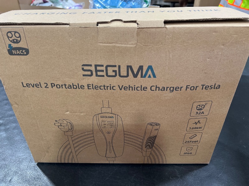 Photo 1 of SEGUMA EV Charger Level 2 for Tesla(32Amp 240V 7.68kW), NEMA 14-50 Plug NACS EV Chargers, 25FT Adjustable Current Portable Electric Car Charger Compatible with All Nacs