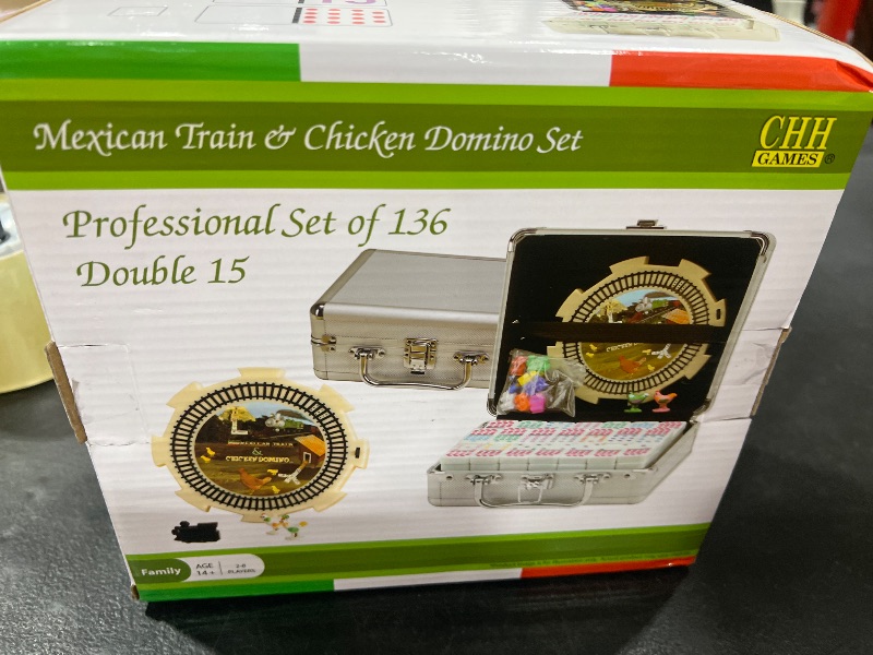 Photo 1 of CHH Double 15 Numeral Pro Size Mexican Train & Chicken Domino Set in Aluminum Case – 136 Multicolor Tiles – Complete Set with Train Markers and Hub