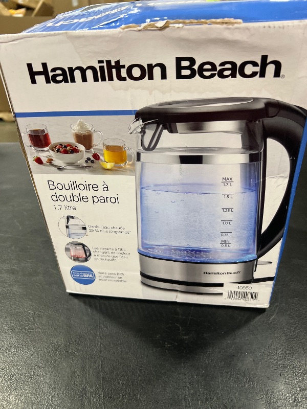 Photo 1 of Hamilton Beach Double Wall 1.7L Electric Kettle, Water Boiler & Heater, Built-In Mesh Filter, Auto-Shutoff & Boil-Dry Protection, Cordless Serving, Variable LED Indicator, Glass (40850)