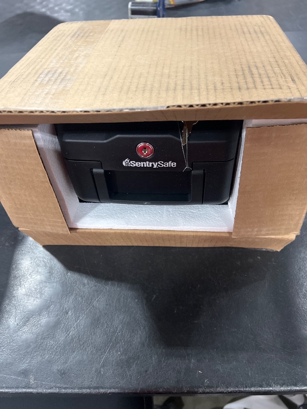 Photo 1 of SentrySafe Fireproof Money Safe with Key Lock, Black Lock Box with Portable Carrying Handle for Travel, Exterior: 14.3 in. W x 11.2 in. D x 6.1 in H, 1200