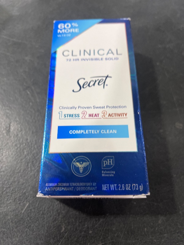 Photo 1 of Secret Clinical Strength Antiperspirant Deodorant for Women, 3X Stress Protection, 72hr Sweat & Odor Protection, PH Balancing Minerals, Invisible Solid, Completely Clean Scent, 2.6 oz