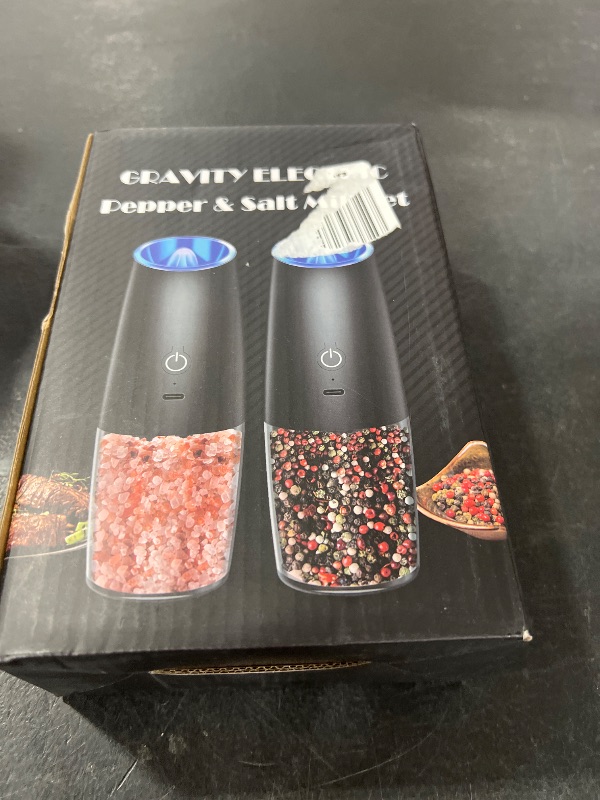 Photo 1 of XinXu Rechargeable Pepper and Salt Grinder Set, No Battery Needed, whit Gravity Sensing Switch and LED Light, One Hand Automatic Operation -2 Pack/Black