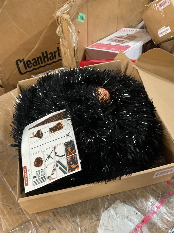 Photo 1 of [Timer& Pumpkin] 5 Ft Black Tinsel Halloween Tree with 50 LED Orange Purple Lights, Pop Up Artificial Pencil Tree with Lantern Topper & 10 Jack-O Pumpkin Balls Ornaments for Halloween Decor Indoor