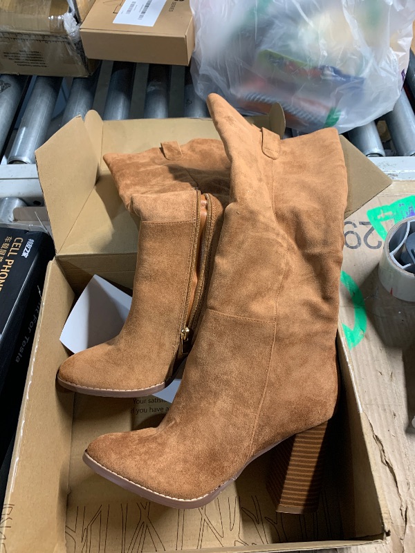 Photo 1 of ***(HEAVILY USED/ MINOR DAMAGE)***Erocalli Brown Knee-High Boots Suede Boots Fall Boot For Women Chunky Block High Heel Slouchy Boot Round Toe Side Zipper 8