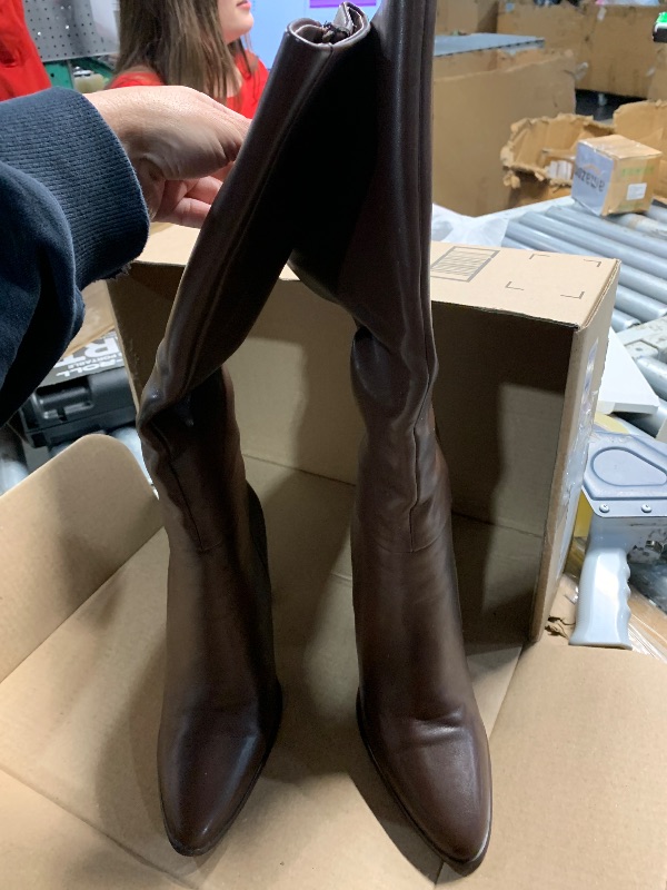 Photo 1 of ***(HEAVILY USED/ MINOR DAMAGE)***Easyfox Chocolate Brown Knee High Boots Women Pointed Toe Chunky Heel 2025 Fall Faux Leather Tall Boots Side Zipper Long Boots Size 8