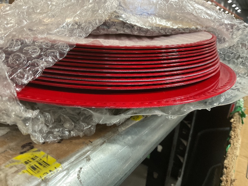 Photo 1 of ***(HEAVILY USED/ MINOR DAMAGE)***Okllen 12 Pack Plastic Round Charger Plates, 13" Red Beaded Charger Plates Decorative Dinner Chargers, Embossed Charger Serving Plates for Wedding, Catering Event, Tabletop Decor