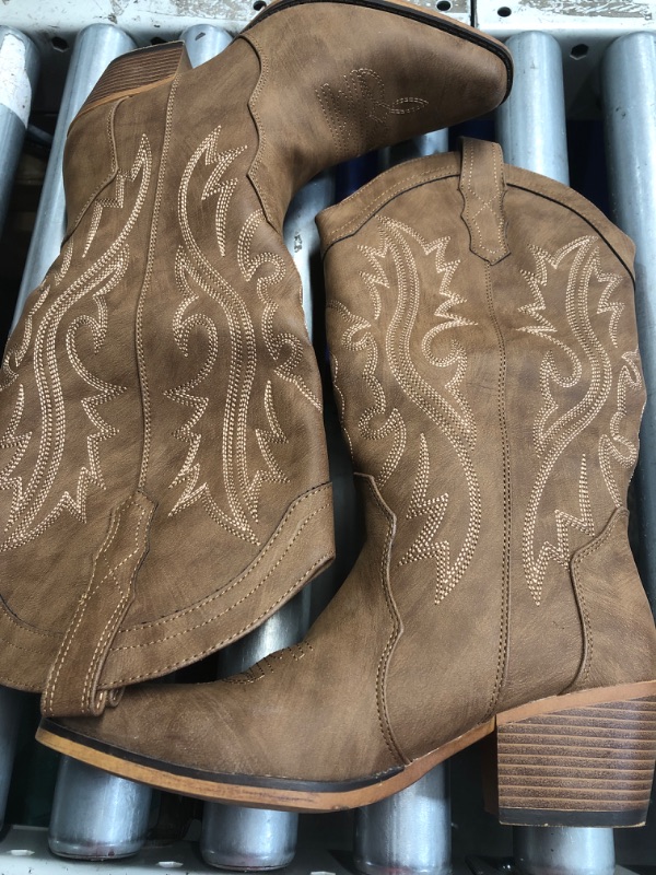 Photo 1 of (used) IUV Cowboy Boots For Women Western Cowgirl Boots with Chunky Heel Mid Calf Snip Toe Ideal for low insteps US 8