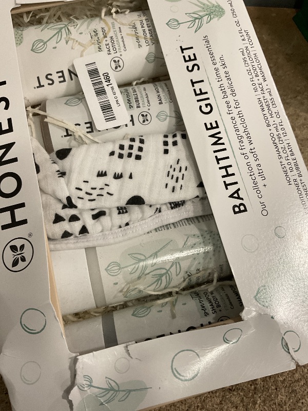 Photo 1 of **PARTIAL SET W MINOR DAMAGED 1 BOTTLE SPILLED OUT IN PACKAGING** The Honest Company Fragrance Free Bathtime Gift Set | Hypoallergenic Bath Essentials for Sensitive Skin | Shampoo + Body Wash, Face + Body Lotion, Bubble Bath, Conditioner, Wash Cloth