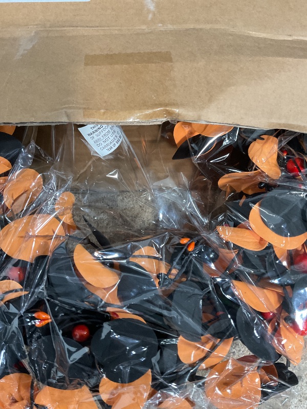 Photo 1 of [Timer & Lighted]18 Inch 20 LED Halloween Wreaths for Front Door Blacks Oranges Eucalyptus Leafed Berried Halloween Wreath Decorations with Purples Lights Battery Operated for Home Door Indoor Outdoor