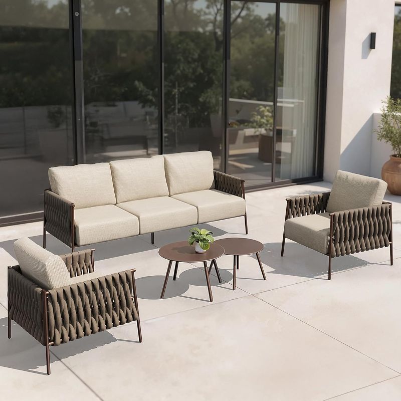 Photo 1 of **BOX 1 OF 3 ONLY **EAST OAK 5-Piece Patio Furniture Set | Life Chatter 5-Seat Outdoor Furniture | Deep Seating & Two Coffee Tables | Waterproof Extra-Thick Cushions | Porch, Balcony & Backyard | Chestnut & Apricot
