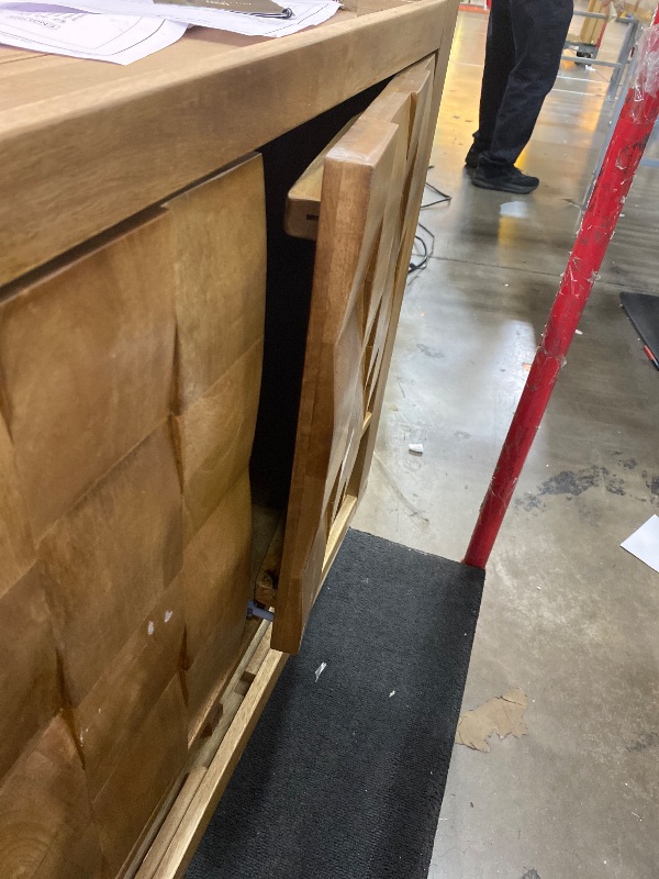 Photo 1 of  MINOR DAMAGE TO DOORS **
Signature Design by Ashley Hudwick Farmhouse 4-Door Accent Cabinet with 2 Adjustable Shelves, Light Brown