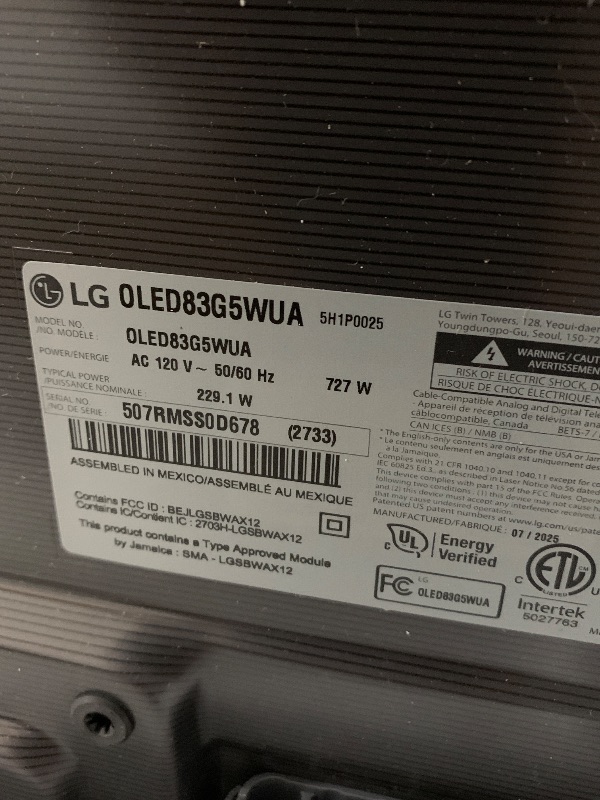Photo 1 of ***************NON-FUNCTIONAL, DAMAGED SCREEN********************
LG 83-Inch Class OLED evo AI 4K G5 Series Smart TV w/Dolby Atmos, Dolby Vision, HDR10, AI Super Upscaling 4K, Filmmaker Mode, Wow Orchestra, Alexa Built-in (OLED83G5WUA, 2025)