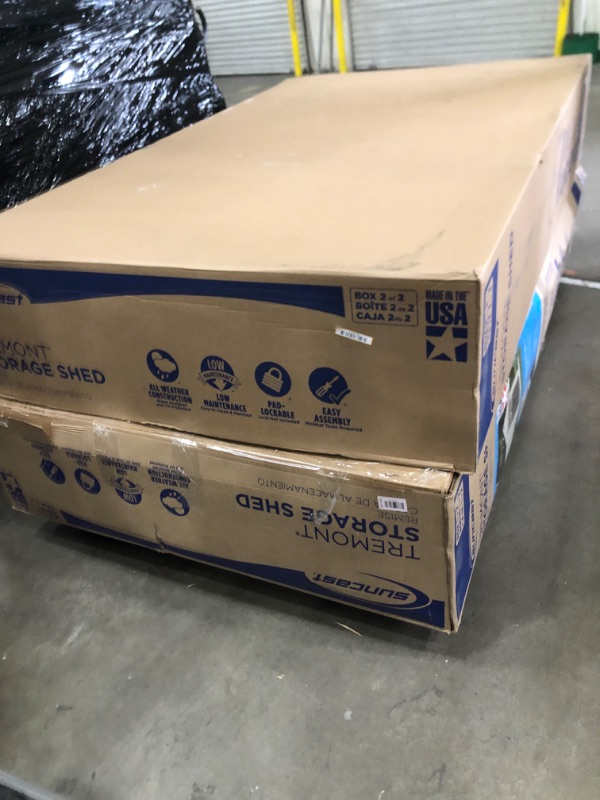 Photo 1 of  2 boxes ---Suncast 8x10 Ft. Outdoor Storage Shed - Large Resin Outdoor Shed with Floor Included, Lockable Double Doors & Skylights. 547 Cu Ft Tremont Garden Plastic Sheds for Lawn Tools, Riding Mowers, & Bikes