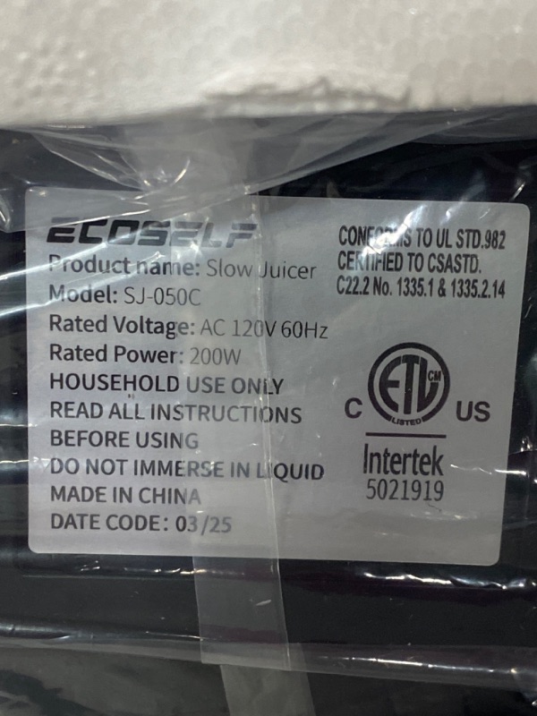 Photo 1 of **PARTS ONLY ITEM*** Cold Press Juicer, ECOSELF Juicer Machines with 4.35" Large Feed Chute Fit Whole Fruits & Vegetables, Self Feeding for Juice Extractor Machine, Easy to Clean and Assemble, High Juice Yield