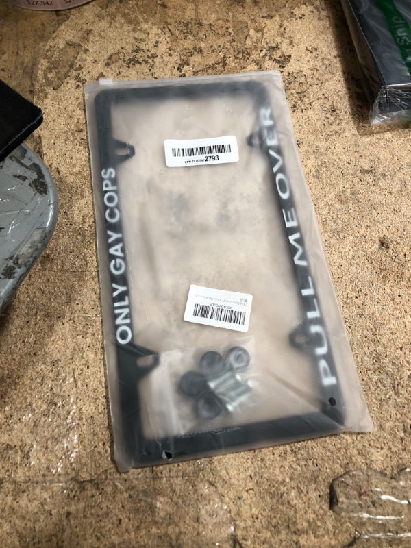 Photo 1 of 1 Pack Funny License Plate Frame Only Gay Cops Pull Me Over Humorous Text License Plate Holder Stainless Steel Parts Decor with Screws 12.3" x 6.3" for Men Women