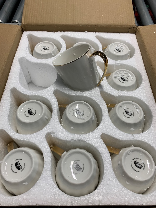 Photo 1 of (missing one)(see images) Brew To A Tea - White Porcelain Coffee Mugs with Gold Rim, Set of 12, 12oz, Modern Wedding Mugs
