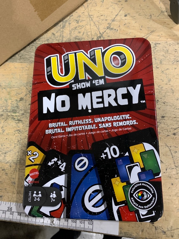 Photo 1 of ** NO INSTRUCTIONS INCLUDED GAME RULES IN NOTES SECTION** Mattel Games UNO Show ‘em No Mercy Card Game in Storage & Travel Tin for Kids, Adults & Family Night with Extra Cards, Special Rules & Tougher Penalties (Amazon Exclusive)