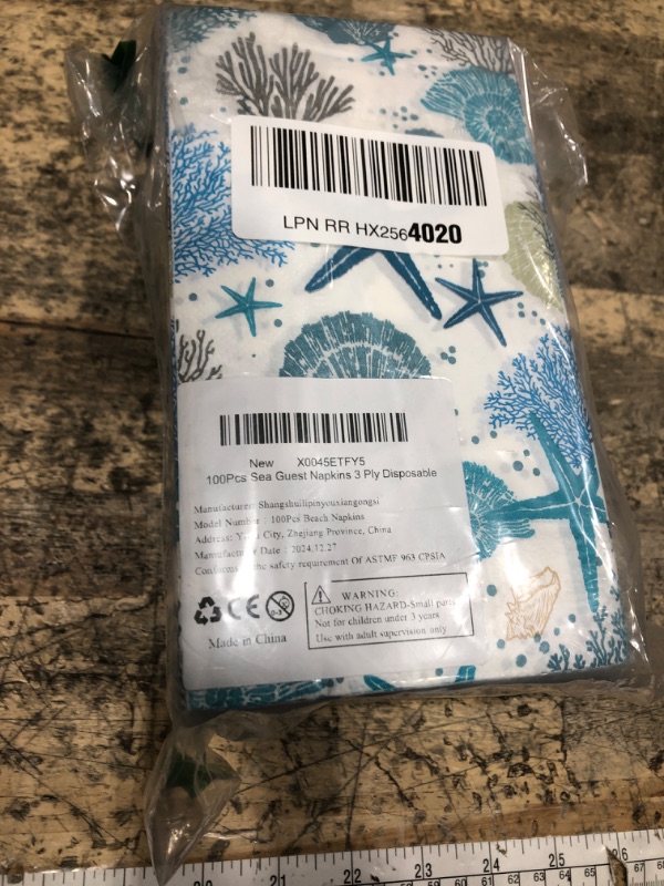 Photo 1 of 100 Pcs Ocean Coastal Paper Napkins 3 Ply Blue Sea Starfish Seashell Coral Disposable Absorbent Hand Towels Beach Guest Bathroom Napkins for Nautical Wedding Lunch Dinner Birthday Party Supplies