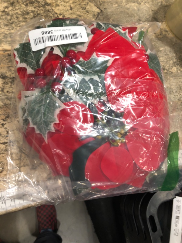 Photo 1 of 2 Pack Poinsettia Garland Christmas Decorations, Velvet Silk Artificial Flowers 6ft Garland with Red Berries and Holly Leaves for Indoor Outdoor Party Tree Decor