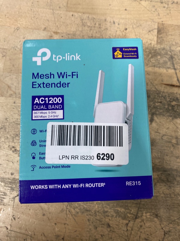 Photo 1 of (used/fair) TP-Link AC1200 WiFi Extender, 2025 Wirecutter Best WiFi Extender, 1.2Gbps Home Signal Booster, Dual Band 5GHz/2.4GHz, Up to 1600 Sq.ft and 32 Devices, EasyMesh Compatible, One Ethernet Port (RE315)