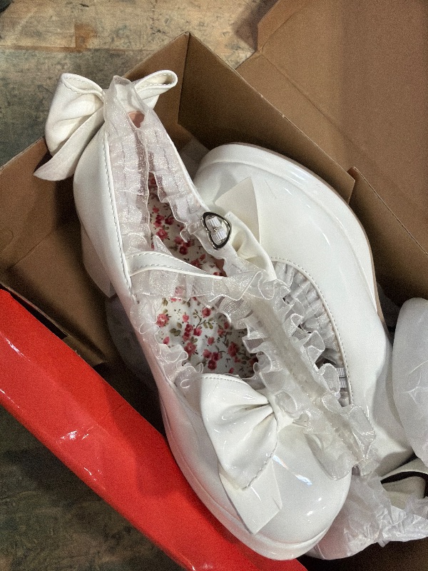Photo 1 of **SCRATCHED & SCRAPED UP** LUXMAX Women Bow Mary Janes Patent Leather Platform Sweet Lace Pumps Chunky Mid Heel Cute Shoes, Size 4 M US,White