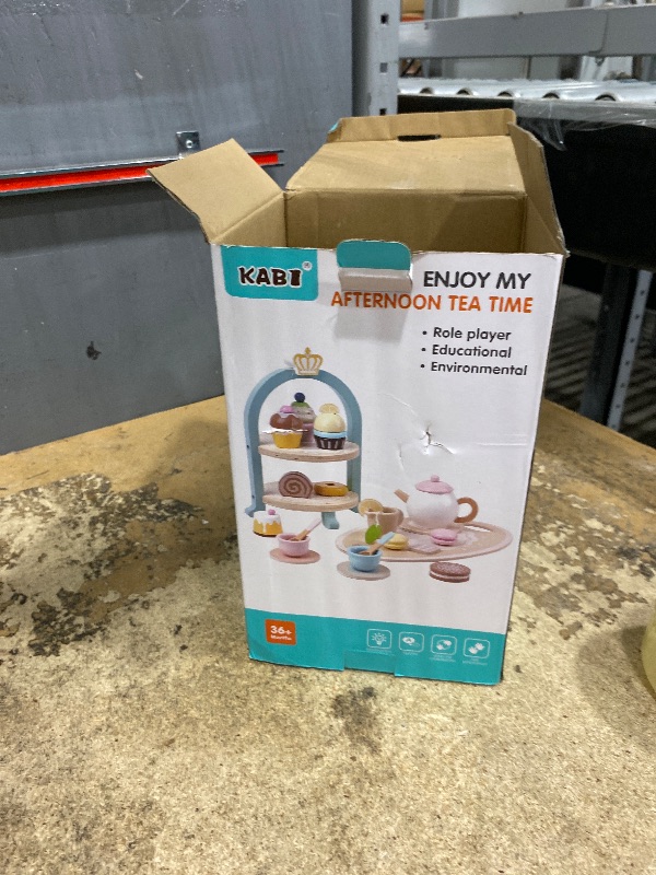 Photo 1 of **MISSING PIECES** MONT PLEASANT 23pcs Wooden Tea Set for Little Girls, Toddler Tea Set Wooden Toys Play Kitchen Accessories with Cupcake Stand and Tray, Kids Tea Party Set Pretend Play Food Birthday Gift Playset