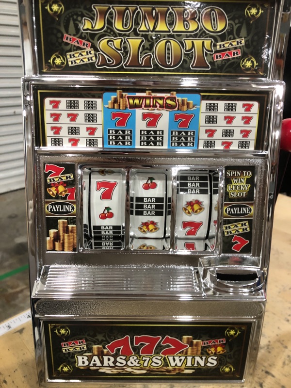 Photo 1 of **POSSIBLY FOR PARTS/ MACHINE DOESN'T PAYOUT DUE TO NON- OPERABLE WHEEL LOCKS** Liberty Imports Lucky Sevens Jumbo Slot Machine Casino Toy Piggy Bank Replica with Flashing Lights and Jackpot Sounds
