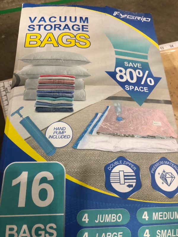 Photo 1 of **MAJORITY SMALLER BAGS**  Fygrip 16 Pack Vacuum Storage Bags with Hand Pump, 4 Jumbo + 4 Large + 4 Medium + 4 Small Plastic Packaging Bags, 80% Space Saver Vacuum Seal Bags for Clothing, Travel Lugggage, Blankets, Comforters