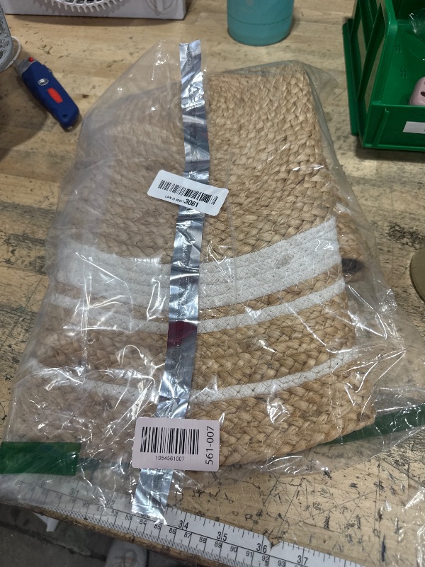 Photo 1 of 100% Jute Area Rug Approx 2 Feet - Braided Design Hand Woven Natural White Rings Carpet - Home Decor for Living Room Hallways - Round Natural Fibers 24" inch